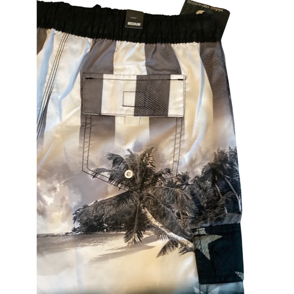 US Apparel Mens Swim Trunks Shorts Medium Black White Stars Palm Tree Print - Picture 2 of 5